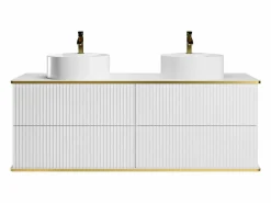 Vente-unique Mueble de baño estriado con ribete dorado, dos lavabos, 150 cm, KELIZA