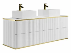 Vente-unique Mueble de baño estriado con ribete dorado, dos lavabos, 150 cm, KELIZA
