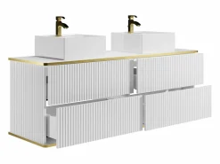 Vente-unique Mueble de baño estriado con ribete dorado, dos lavabos, 150 cm, KELIZA