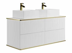 Vente-unique Mueble de baño estriado con ribete dorado, doble lavabo sobre encimera, 120 cm, KELIZA