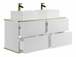 Vente-unique Mueble de baño estriado con ribete dorado, doble lavabo sobre encimera, 120 cm, KELIZA