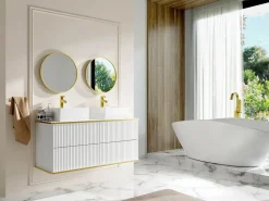 Vente-unique Mueble de baño estriado con ribete dorado, doble lavabo sobre encimera, 120 cm, KELIZA