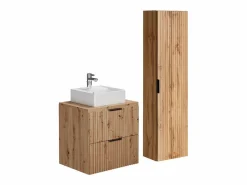 Clearance Mueble de baño estriado con lavabo sobre encimera y columna, natural claro, 60 cm, ZEVARA Conjunto De Baño