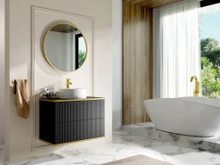 Best Vente-unique Mueble de baño estriado con ribete dorado y lavabo redondo, , 80 cm, KELIZA Negro