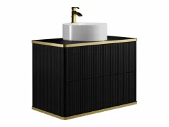 Best Vente-unique Mueble de baño estriado con ribete dorado y lavabo redondo, , 80 cm, KELIZA Negro
