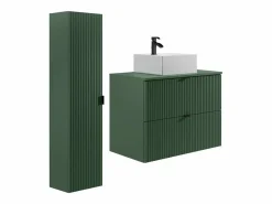Outlet Vente-unique Mueble de baño estriado, lavabo cuadrado sobre encimera y columna, mate, 80 cm ZEVINI Verde