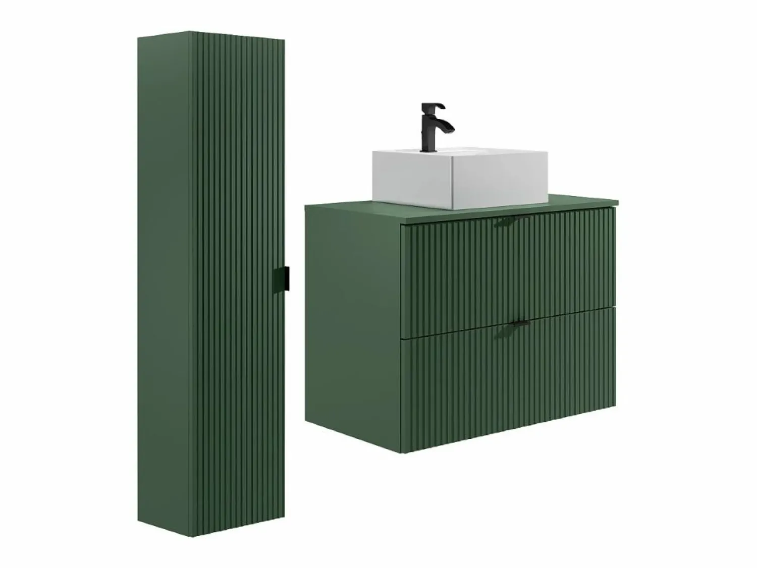 Outlet Vente-unique Mueble de baño estriado, lavabo cuadrado sobre encimera y columna, mate, 80 cm ZEVINI Verde