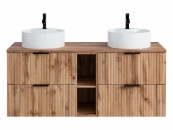 Vente-unique Mueble de baño estriado natural claro con estantes y lavabo redondo, 140 cm, ZEVARA