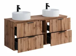 Vente-unique Mueble de baño estriado natural claro con estantes y lavabo redondo, 140 cm, ZEVARA