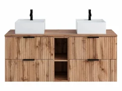 Online Vente-unique Mueble de baño estriado natural claro con estantes y lavabo cuadrado sobre encimera, 140 cm, ZEVARA Color natural claro