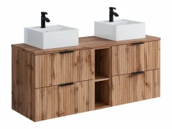 Online Vente-unique Mueble de baño estriado natural claro con estantes y lavabo cuadrado sobre encimera, 140 cm, ZEVARA Color natural claro