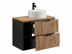 Best Vente-unique Mueble de baño estriado natural claro con estantes y lavabo, 80 cm, MADELA Negro / Color natural claro