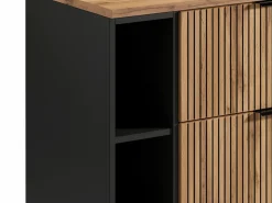 Best Vente-unique Mueble de baño estriado natural claro con estantes y lavabo, 80 cm, MADELA Negro / Color natural claro