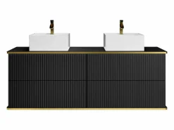 Vente-unique Mueble de baño estriado con ribete dorado, doble lavabo, 150 cm - KELIZA