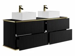 Vente-unique Mueble de baño estriado con ribete dorado, doble lavabo, 150 cm - KELIZA