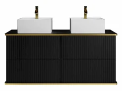 Vente-unique Mueble de baño estriado con ribete dorado, dos lavabos cuadrado, 120 cm, KELIZA