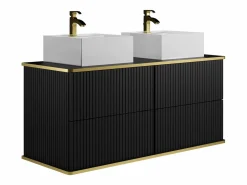 Vente-unique Mueble de baño estriado con ribete dorado, dos lavabos cuadrado, 120 cm, KELIZA