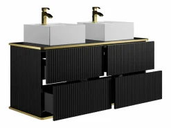 Vente-unique Mueble de baño estriado con ribete dorado, dos lavabos cuadrado, 120 cm, KELIZA