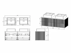 Vente-unique Mueble de baño estriado con ribete dorado, dos lavabos cuadrado, 120 cm, KELIZA