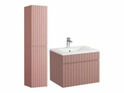 Vente-unique Mueble de baño estriado rosa con lavabo encastrado y columna, 60 cm, SATARA