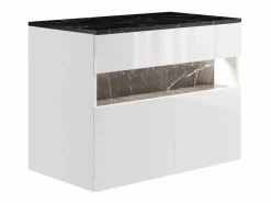 Vente-unique Mueble de baño flotante con luces LED y encimera - Blanco y natural oscuro - Ancho 80 cm - POZEGA