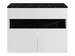 Vente-unique Mueble de baño flotante con luces LED y encimera - Blanco y natural oscuro - Ancho 80 cm - POZEGA