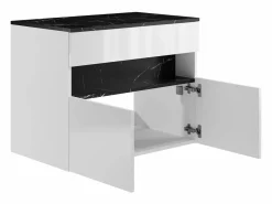 Vente-unique Mueble de baño flotante con luces LED y encimera - Blanco y natural oscuro - Ancho 80 cm - POZEGA