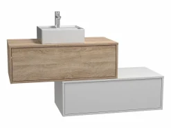 Outlet Mueble de baño flotante con lavabo, blanco y natural claro, 2 cajones, TEANA Mueble De Baño Simple