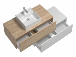 Outlet Mueble de baño flotante con lavabo, blanco y natural claro, 2 cajones, TEANA Mueble De Baño Simple