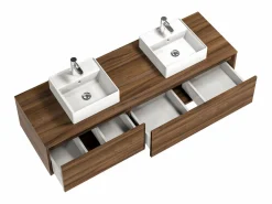 Discount Vente-unique Mueble de baño flotante de doble lavabo, natural oscuro, Ancho 150 x Alt. 32 cm, ISAURE Color natural oscuro