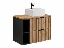 Clearance Mueble de baño natural claro con estantes y lavabo sobre encimera, 80 cm, MADELA Mueble De Baño Simple