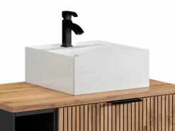 Clearance Mueble de baño natural claro con estantes y lavabo sobre encimera, 80 cm, MADELA Mueble De Baño Simple
