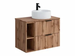 Hot Mueble de baño rayado natural claro con estantes y lavabo de sobreponer , 80 cm, ZEVARA Mueble De Baño Simple