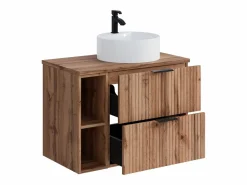 Hot Mueble de baño rayado natural claro con estantes y lavabo de sobreponer , 80 cm, ZEVARA Mueble De Baño Simple
