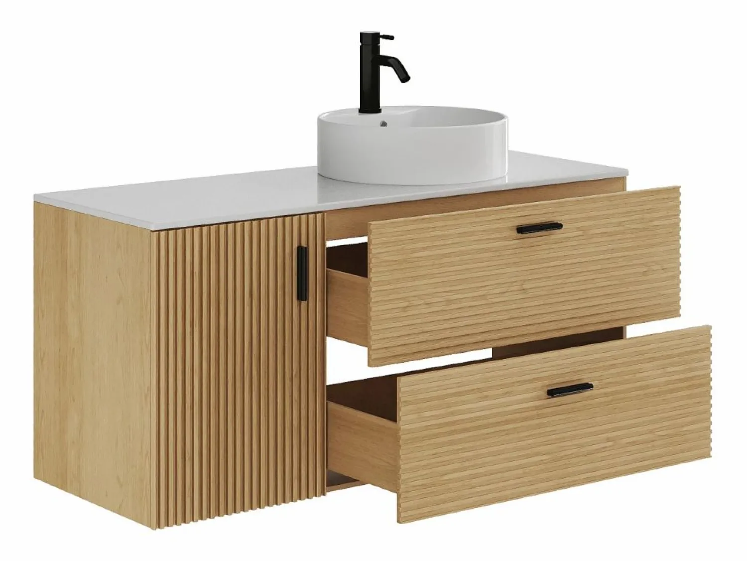 Clearance Vente-unique Mueble de baño suspendido estriado con lavabo sobrepuesto y columna con hueco - 120 cm - SARONE Color natural claro