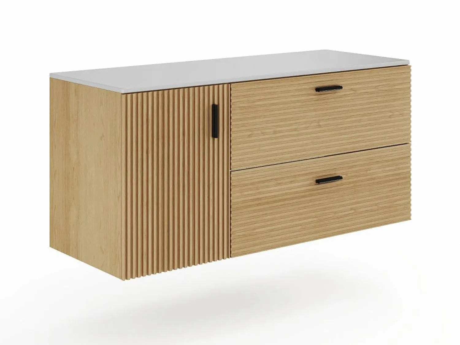 Clearance Vente-unique Mueble de baño suspendido estriado con lavabo sobrepuesto y columna con hueco - 120 cm - SARONE Color natural claro