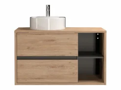 Vente-unique Mueble de baño suspendido con lavabo redondo, color natural, 100 cm, PURNAL