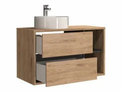 Vente-unique Mueble de baño suspendido con lavabo redondo, color natural, 100 cm, PURNAL