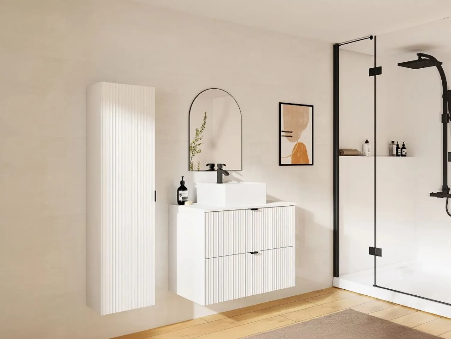 Sale Mueble de baño suspendido estriado con lavabo sobre encimera, columna, , 80 cm, ZEVINI Conjunto De Baño