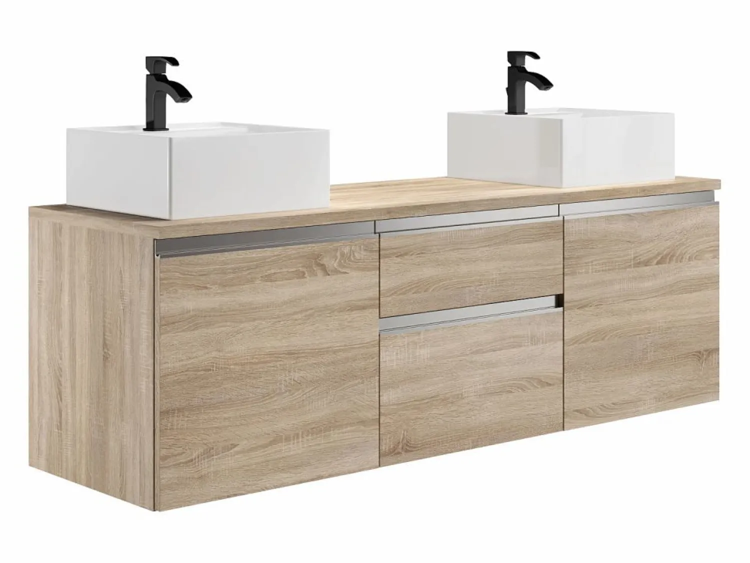 Clearance Vente-unique Mueble de baño suspendido con doble lavabo - Natural claro - 150cm - JIMENA Color natural claro