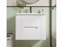 Sale Mueble de baño suspendido con lavabo de cerámica - con LED - 2 cajones - 2 estantes laterales - (grifo no incluido) Mueble De Baño Simple