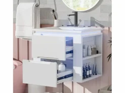 Sale Mueble de baño suspendido con lavabo de cerámica - con LED - 2 cajones - 2 estantes laterales - (grifo no incluido) Mueble De Baño Simple