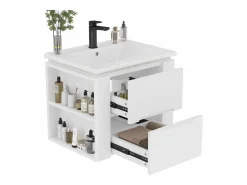 Sale Mueble de baño suspendido con lavabo de cerámica - con LED - 2 cajones - 2 estantes laterales - (grifo no incluido) Mueble De Baño Simple