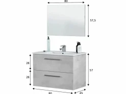 VS Venta-stock Mueble de baño suspendido Axel 2 cajones, espejo y con lavabo cerámico, Color Cemento Gris