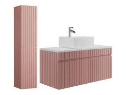 Discount Vente-unique Mueble de baño suspendido estriado rosa con lavabo sobre encimera cuadrado y columna, 100 cm, SATARA Rosa palo