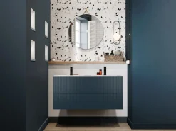 Hot Vente-unique Mueble de baño suspendido con lavabo y grifo - Estriado azul - 120 cm - PAVANI Azul oscuro