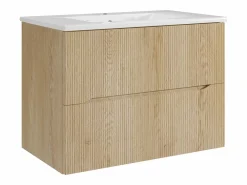 Vente-unique Mueble de baño suspendido estriado con lavabo encastrado - Natural claro - 80 cm - ORISO