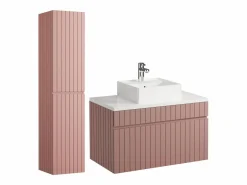 New Mueble de baño suspendido estriado rosa con lavabo sobre encimera y columna, 80 cm, SATARA Conjunto De Baño