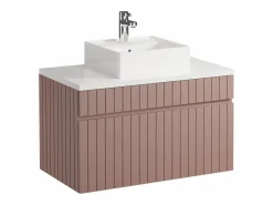 New Mueble de baño suspendido estriado rosa con lavabo sobre encimera y columna, 80 cm, SATARA Conjunto De Baño