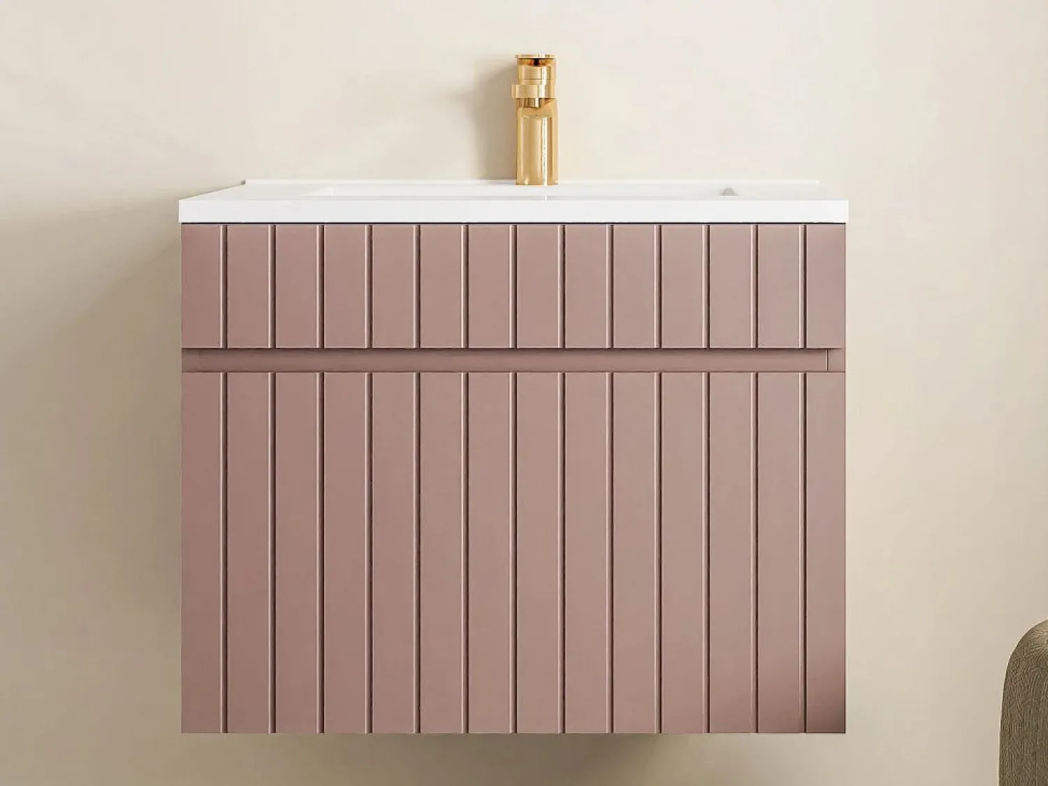Sale Mueble de baño suspendido en rosa con lavabo encastrado, 60 cm, SATARA Mueble De Baño Simple